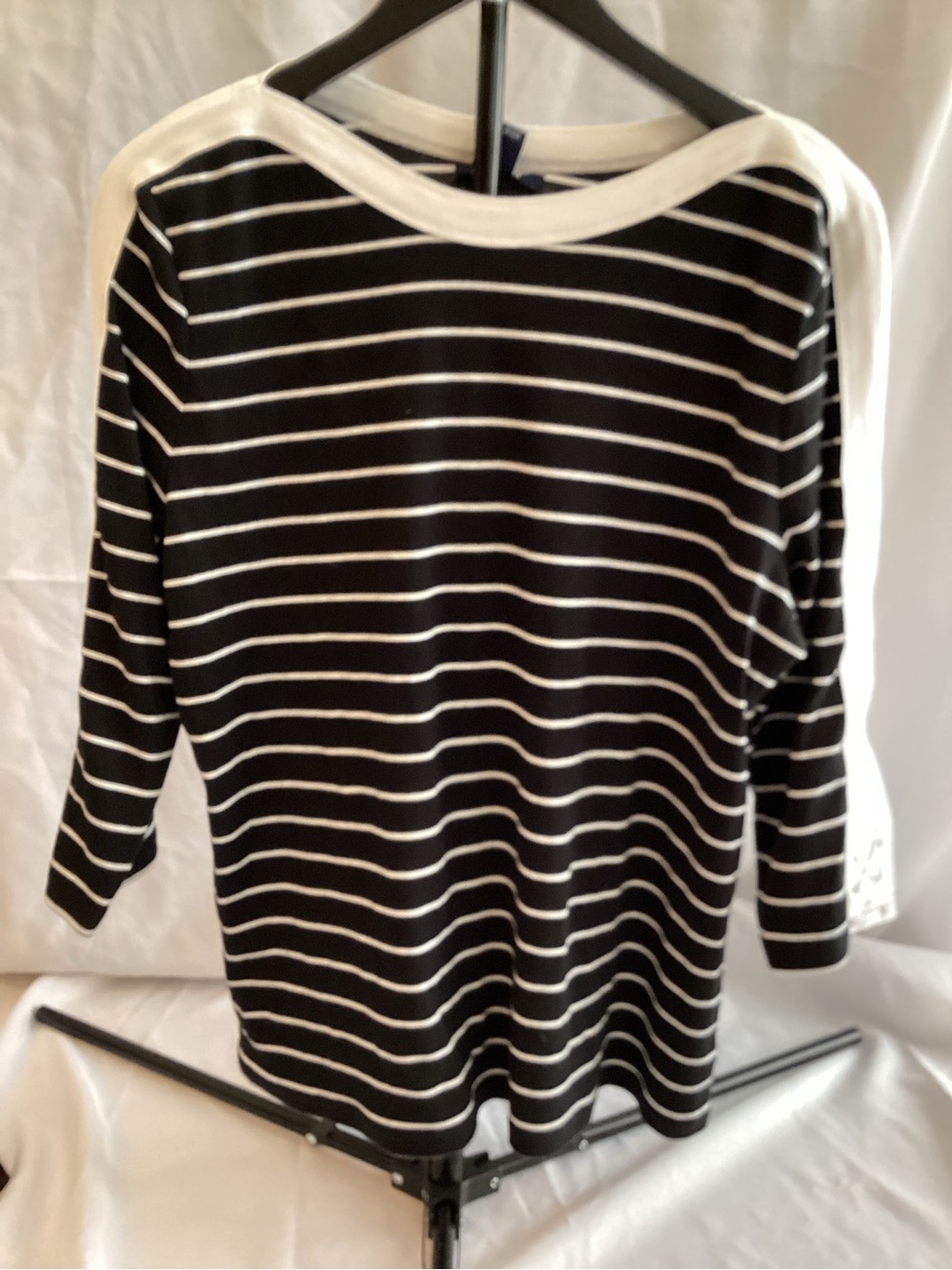 Chaps Black and White Striped Crewneck Top
